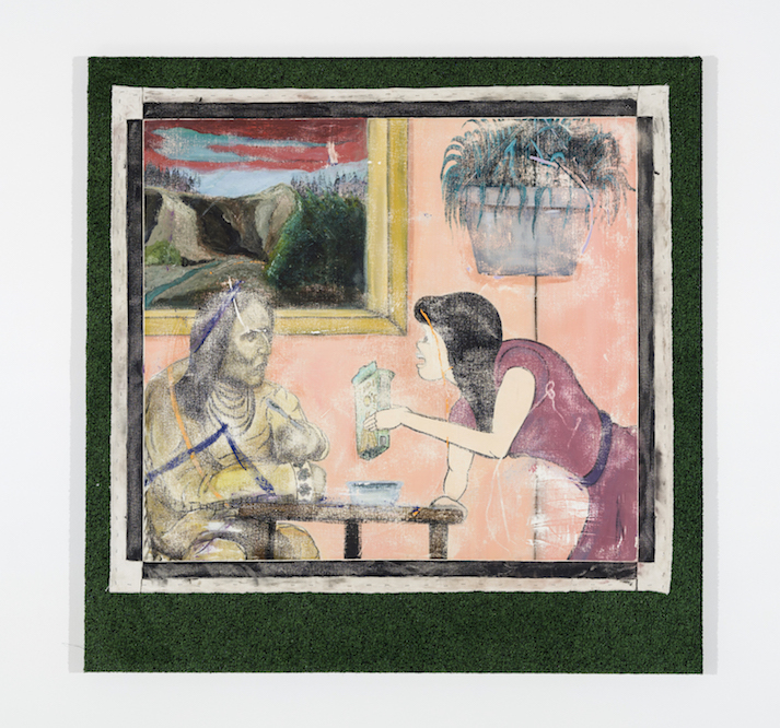 Joseph-Tisiga_A-Prop-for-Reconciliation-Veronica_2017_oil-on-canvas-mounted-on-artificial-grass-and-wood-panel_66x66